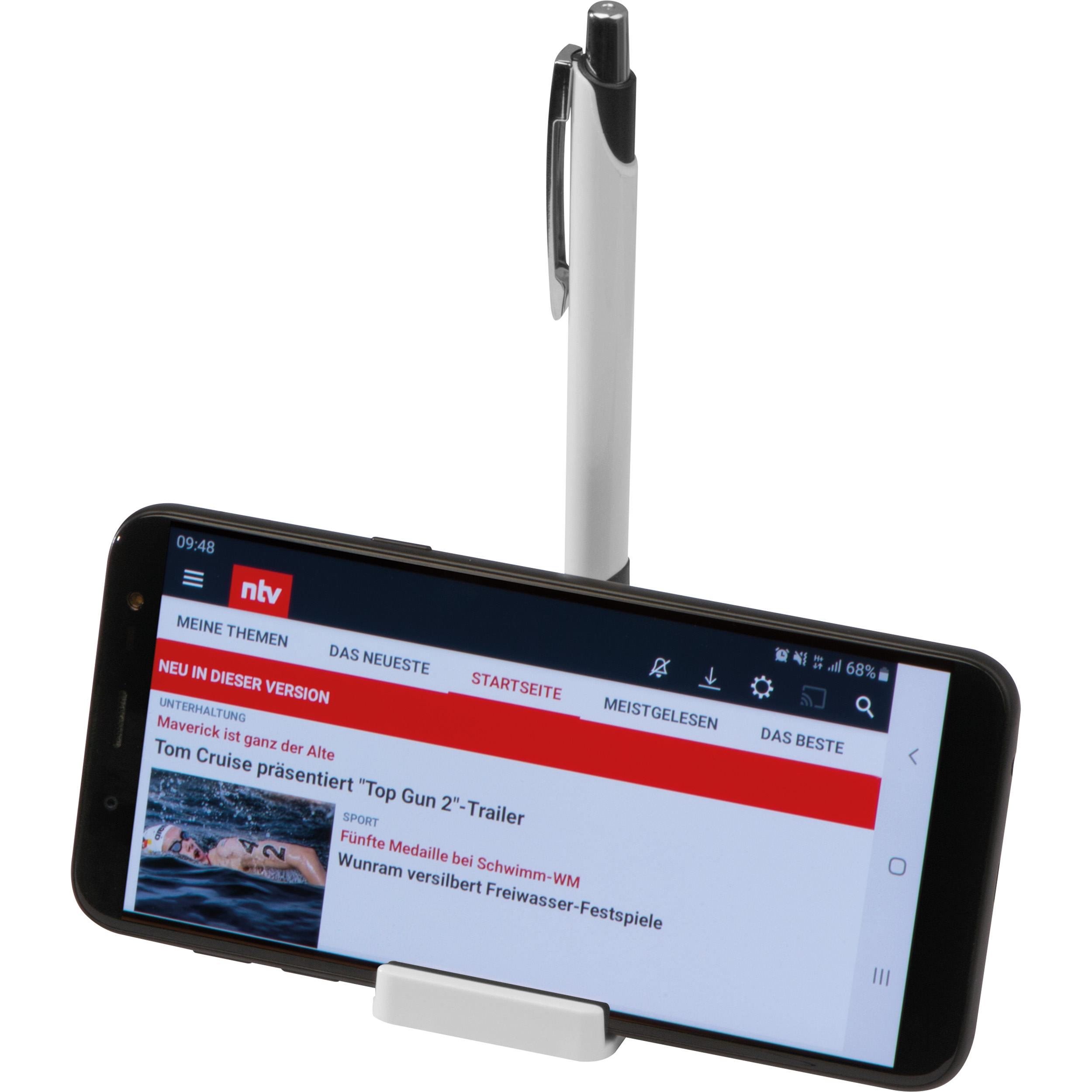 Mobile phone holder with magnetic function, includes metal ballpen 