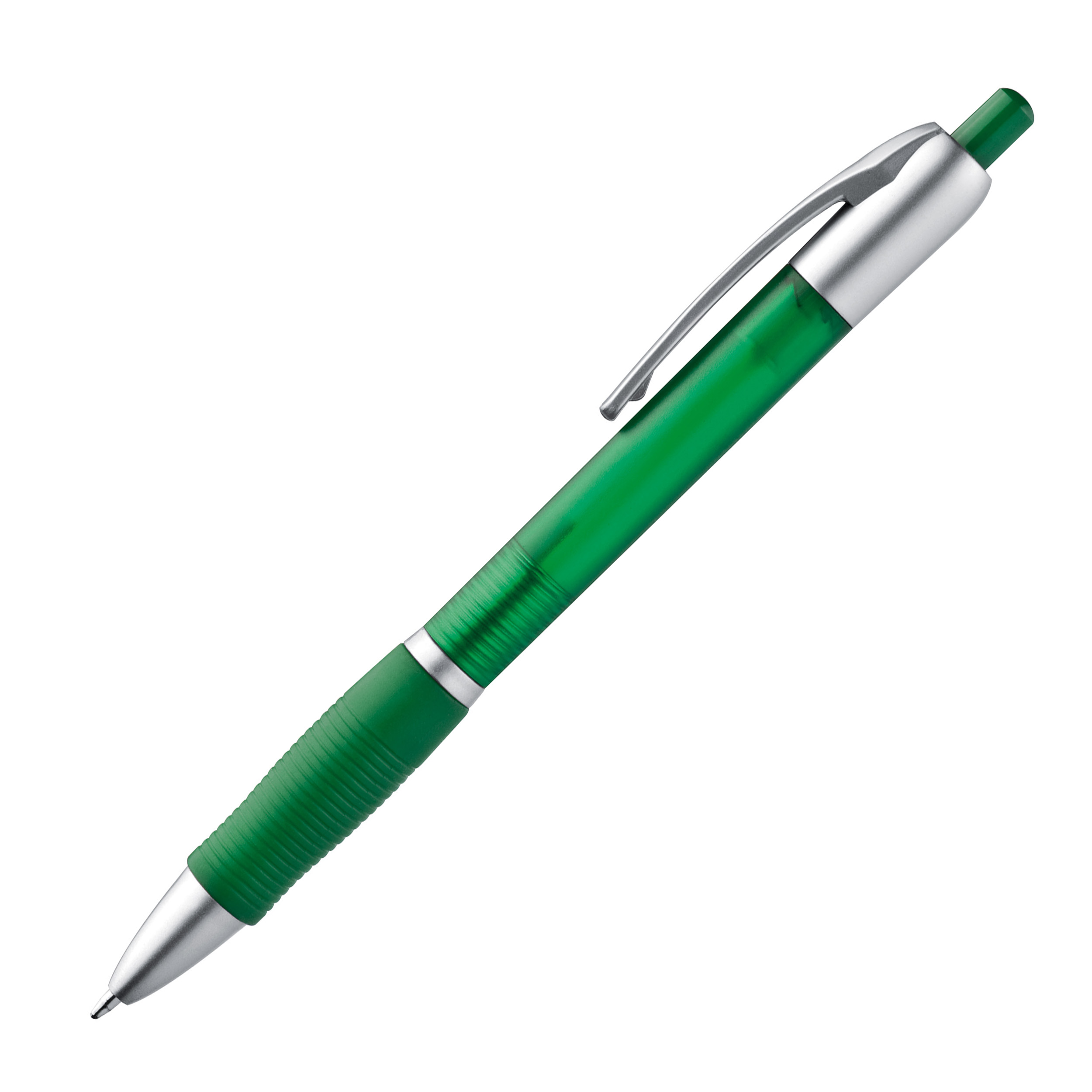Frosted plastic ball pen with grooved rubber grip zone
