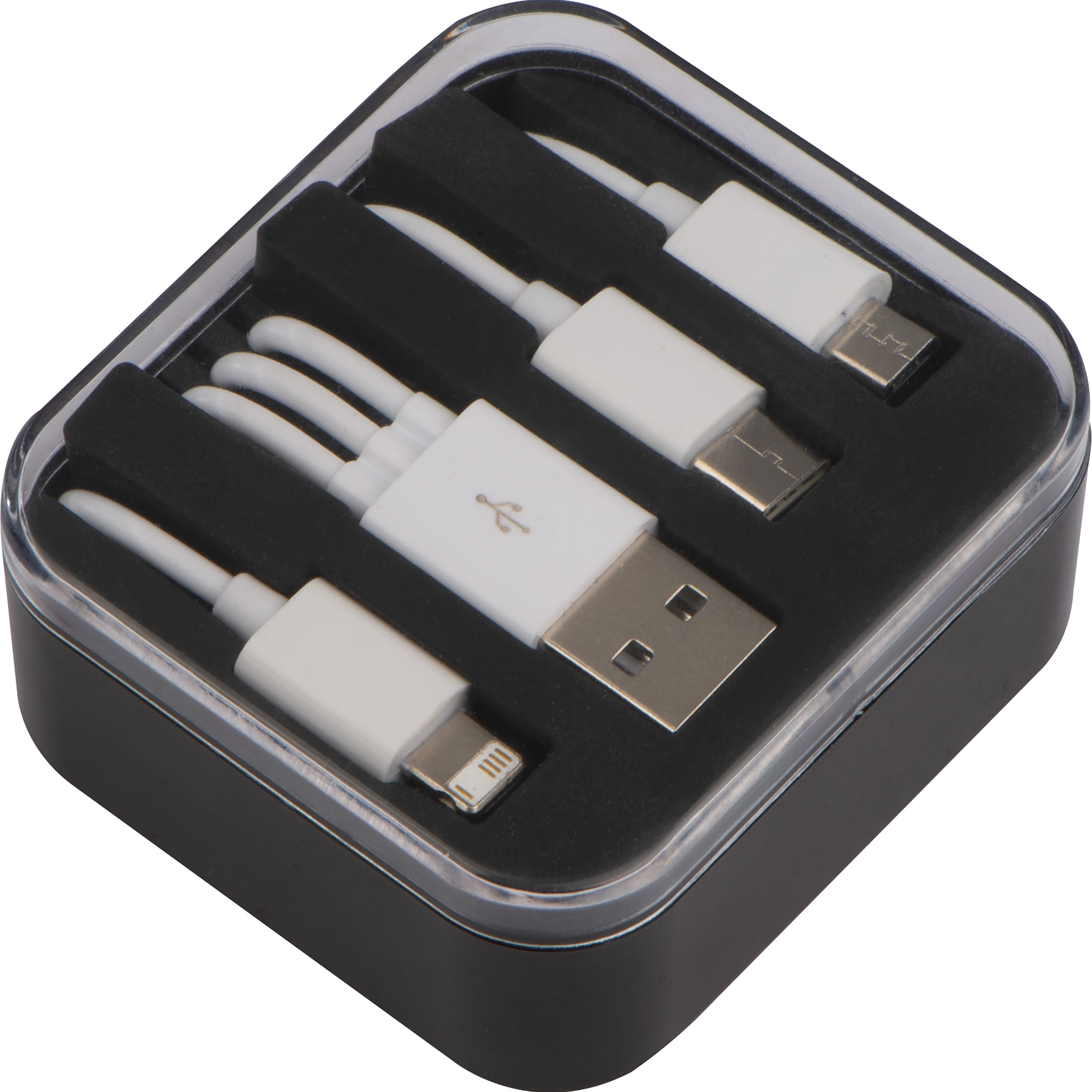 Kunststoffbox mit 3 in 1 USB-Ladekabel