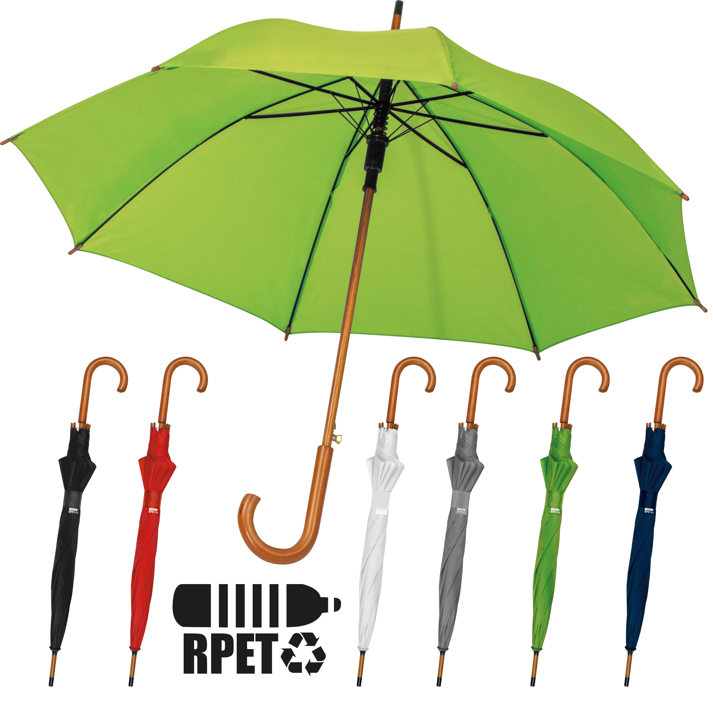 Parapluie automatique avec poignée en bois et tiges en fibre de verre