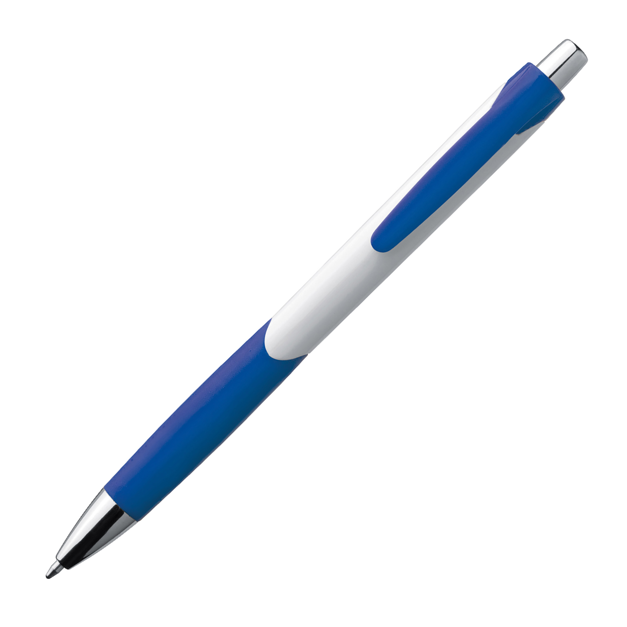 Plastic ball pen with white shaft and rubber grip zone