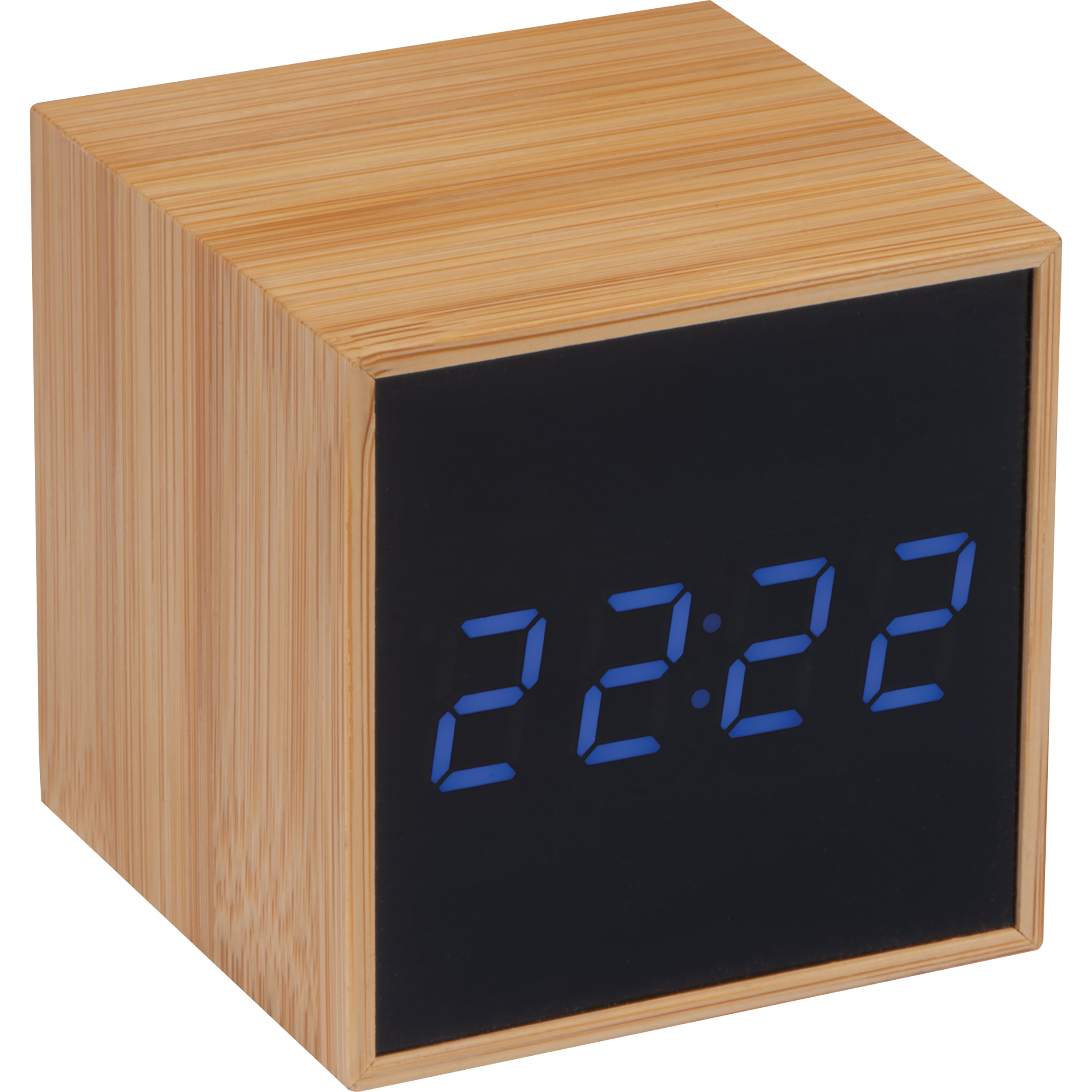 Desk clock with black display and blue LED display
