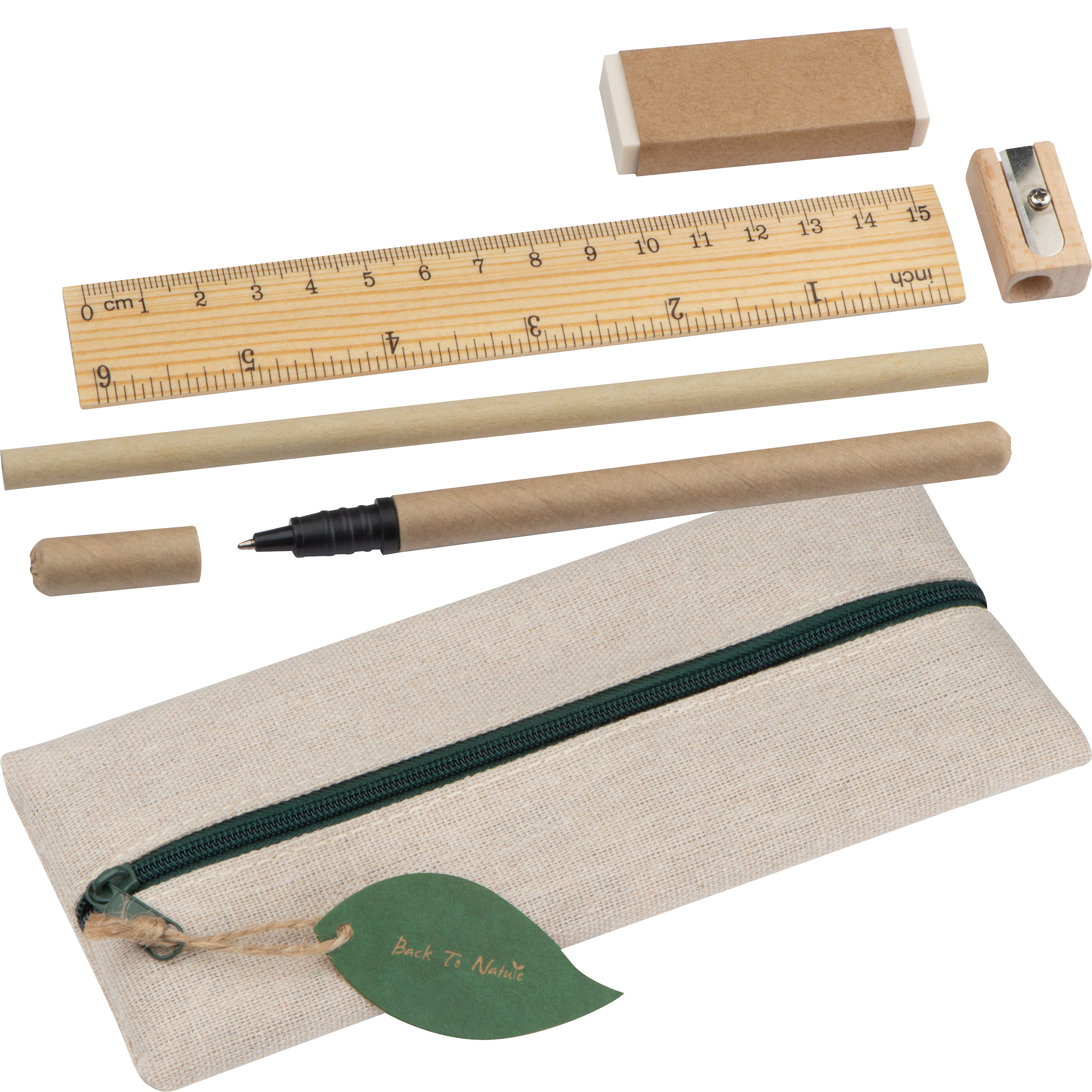 Writing set with ruler, eraser, sharpener, pencil and rollerball