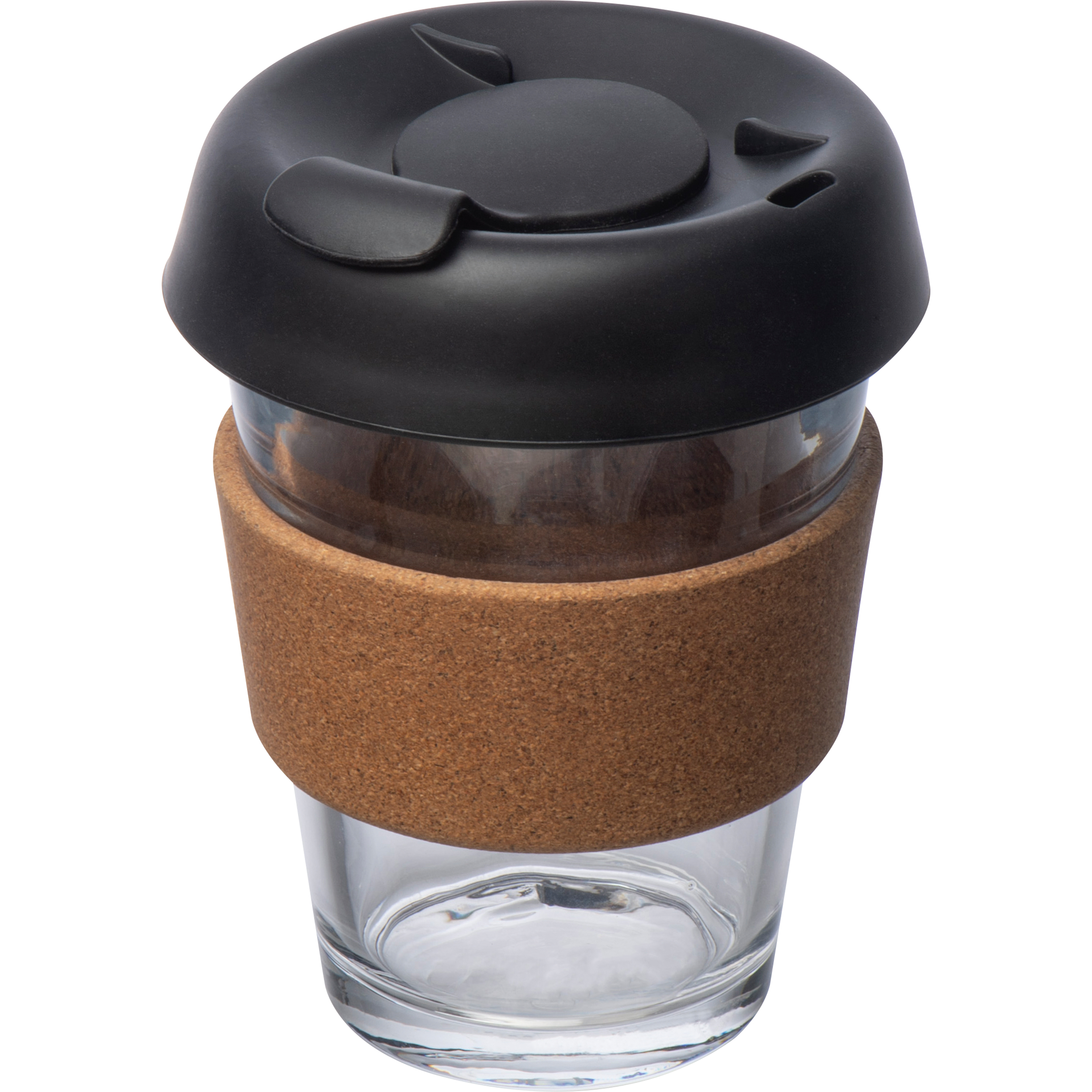 Glass mug with leak proof lid and a cork gripzone