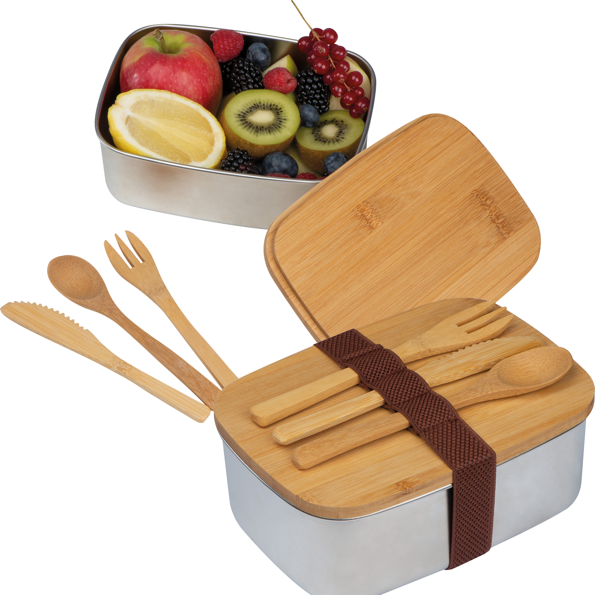 Boîte à snack avec couvercle en bambou et bande de silicone pour fermer