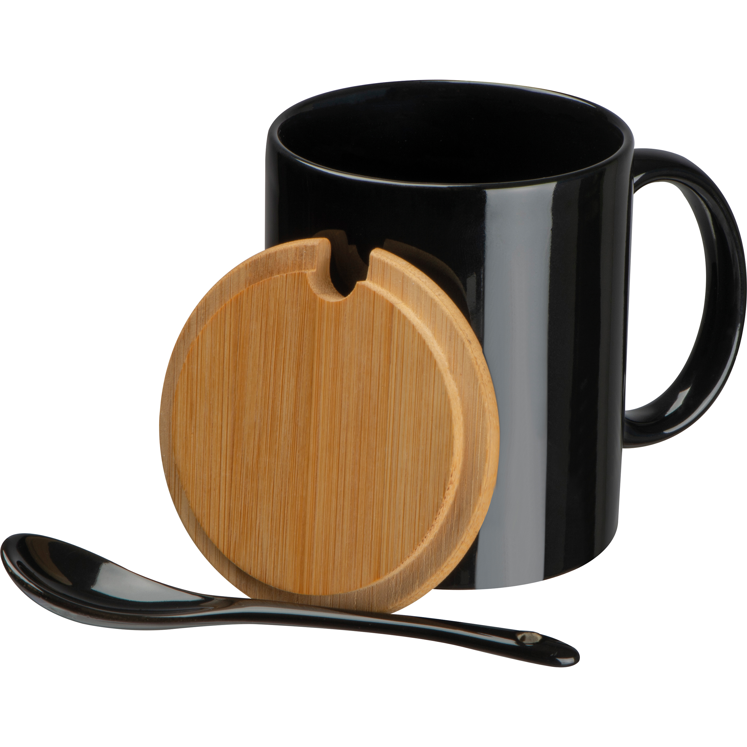 Taza de cerámica con cuchara y tapa de bambú
