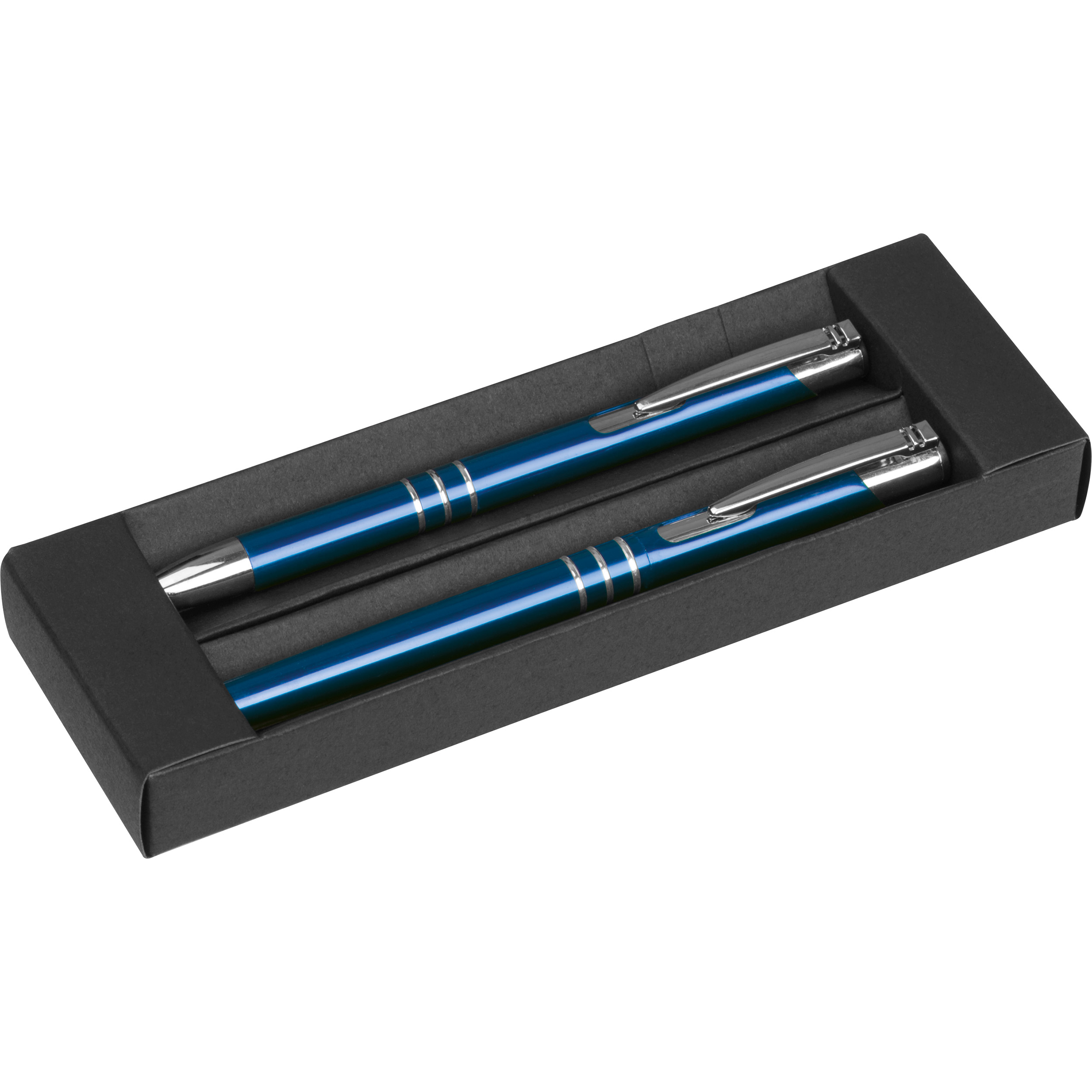 Metall-Schreibset bestehend aus einem je schwarz schreibendem Drehkugelschreiber und einem Rollerball 