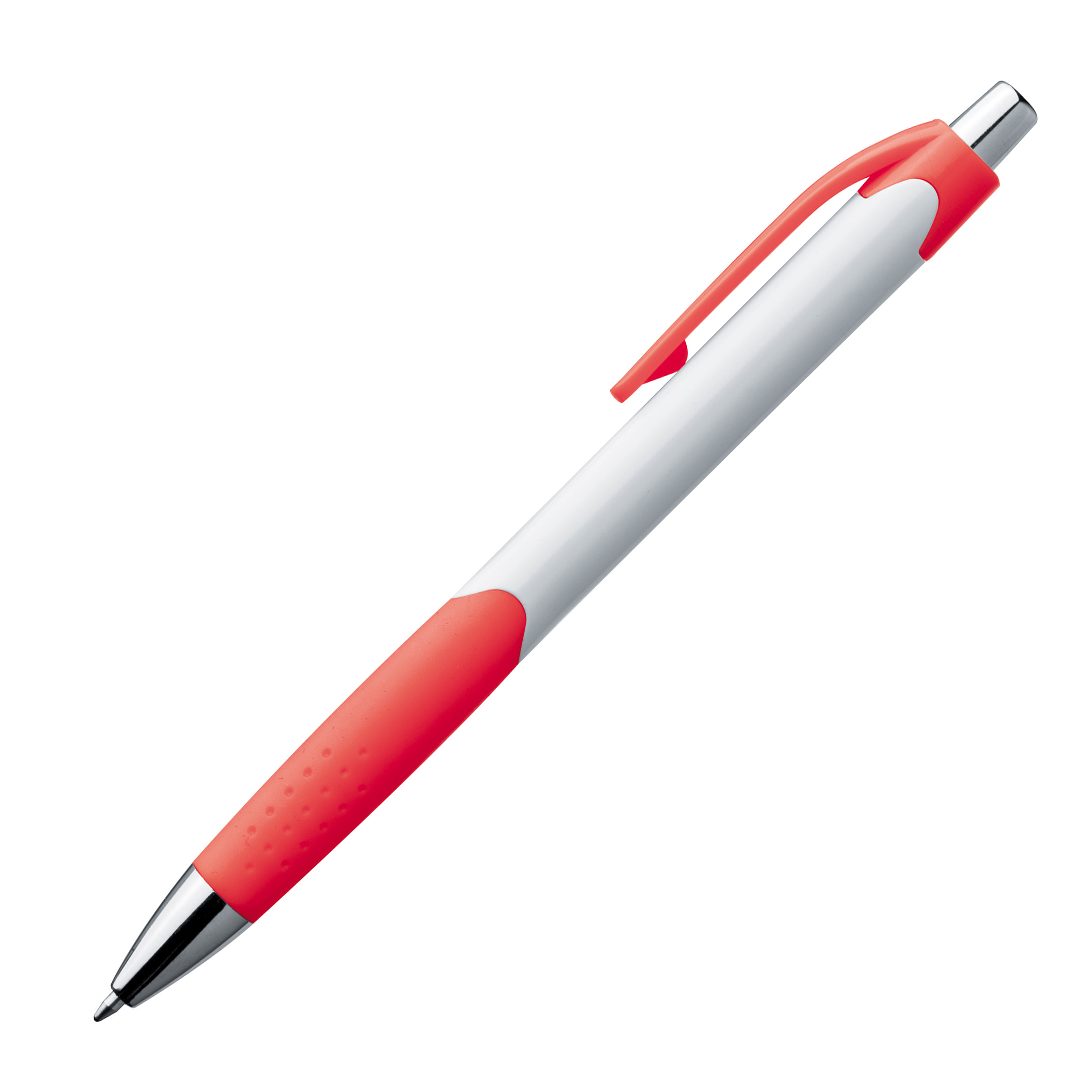 Plastic ball pen with white shaft and rubber grip zone