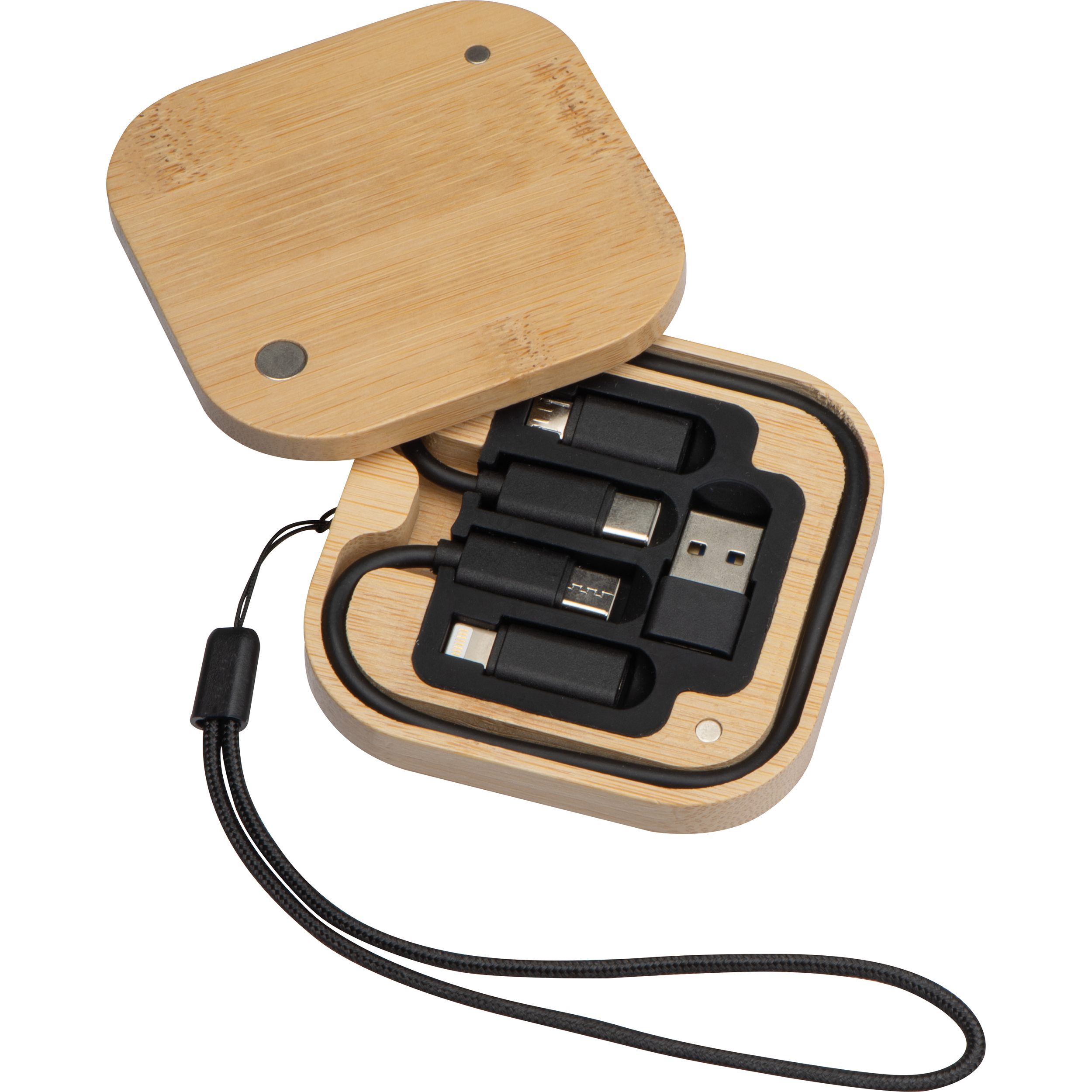 Juego de cables y adaptadores en una caja de bambú