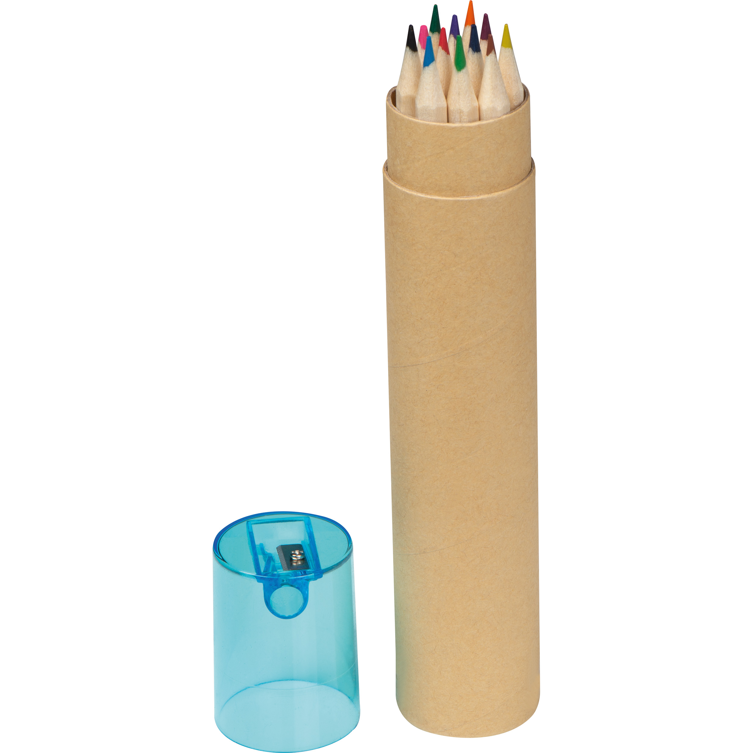 12 lápices de colores en tubo de cartón.