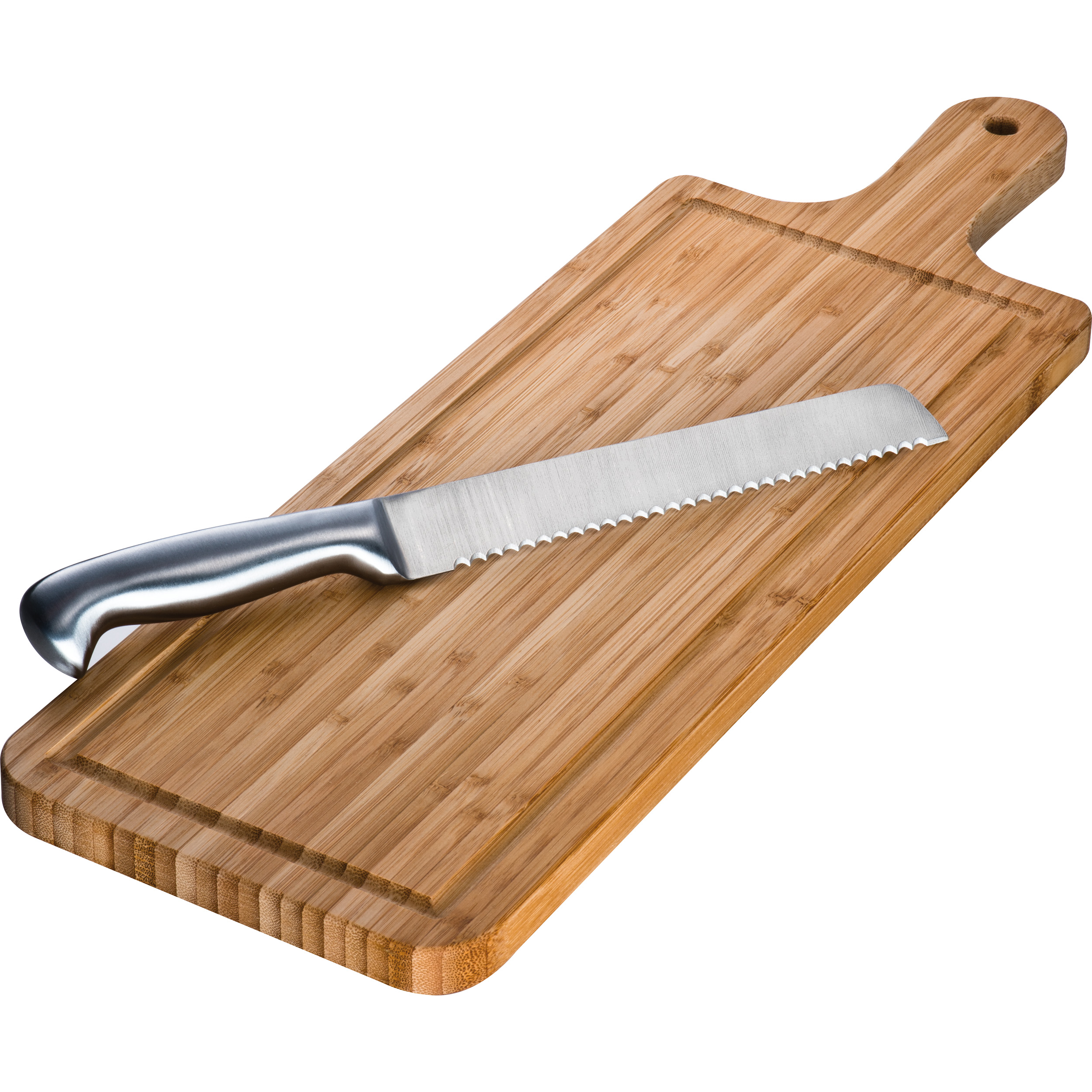 Tabla de corte de bambú con cuchillo.