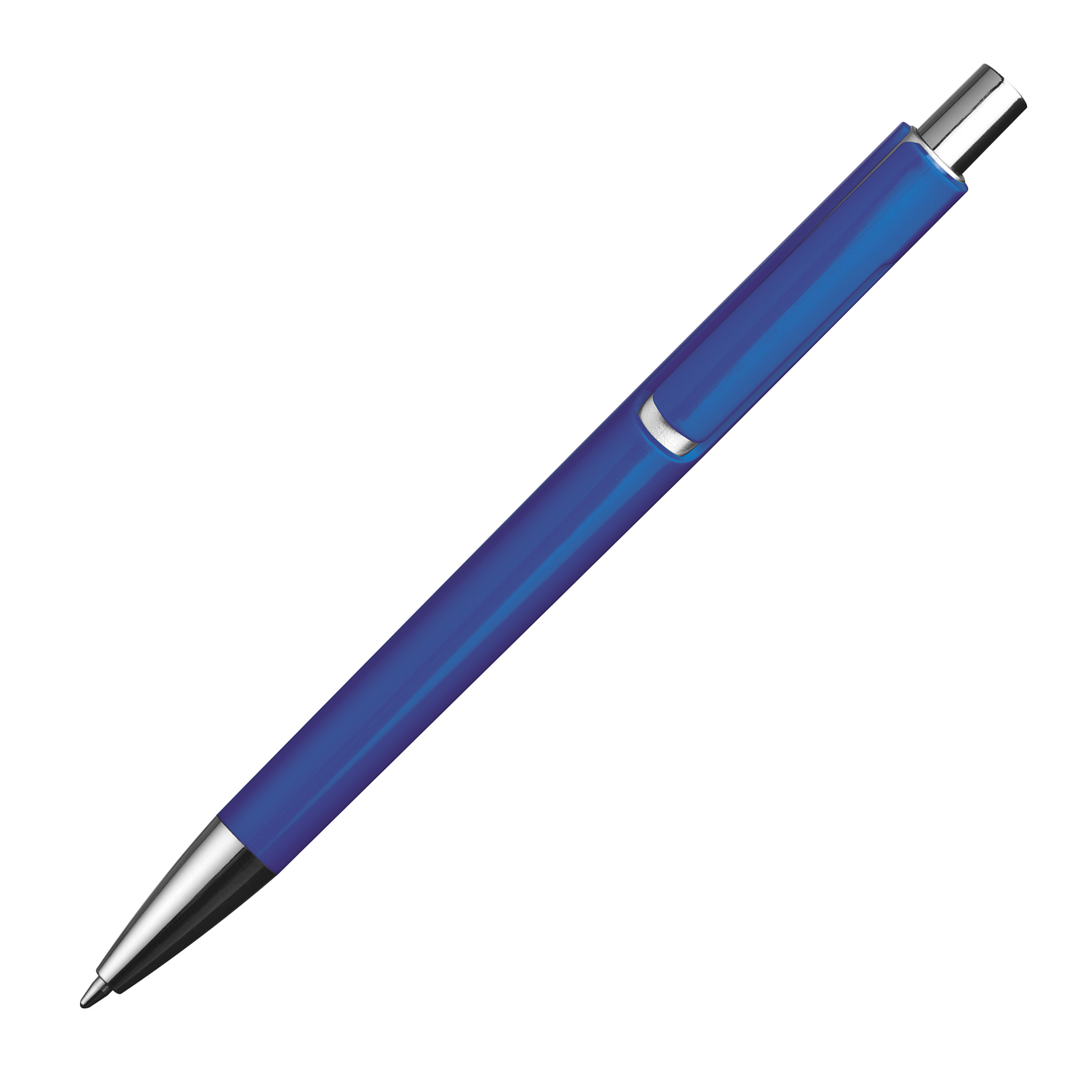 Kunststoffkugelschreiber mit silbernen Applikationen und blau schreibender Großraummine