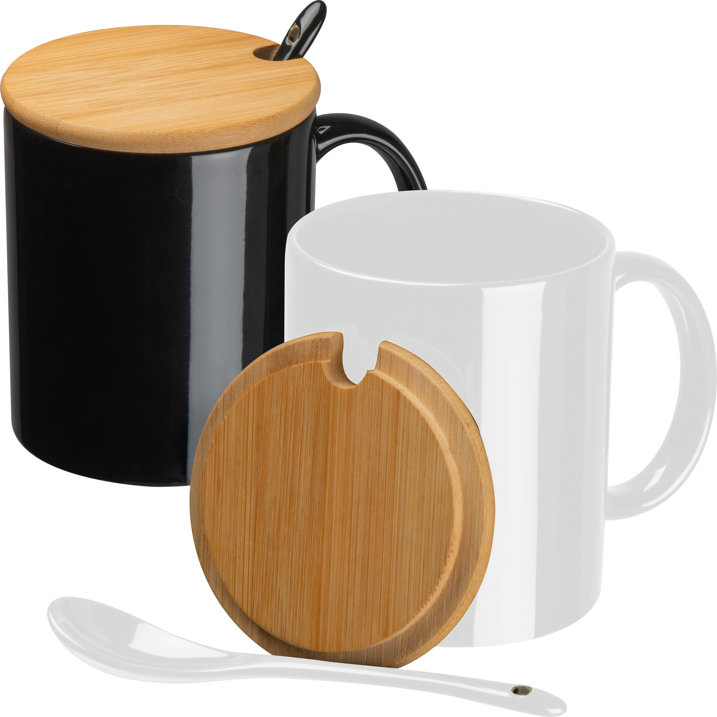 Ceramic mug with spoon and bamboo lid