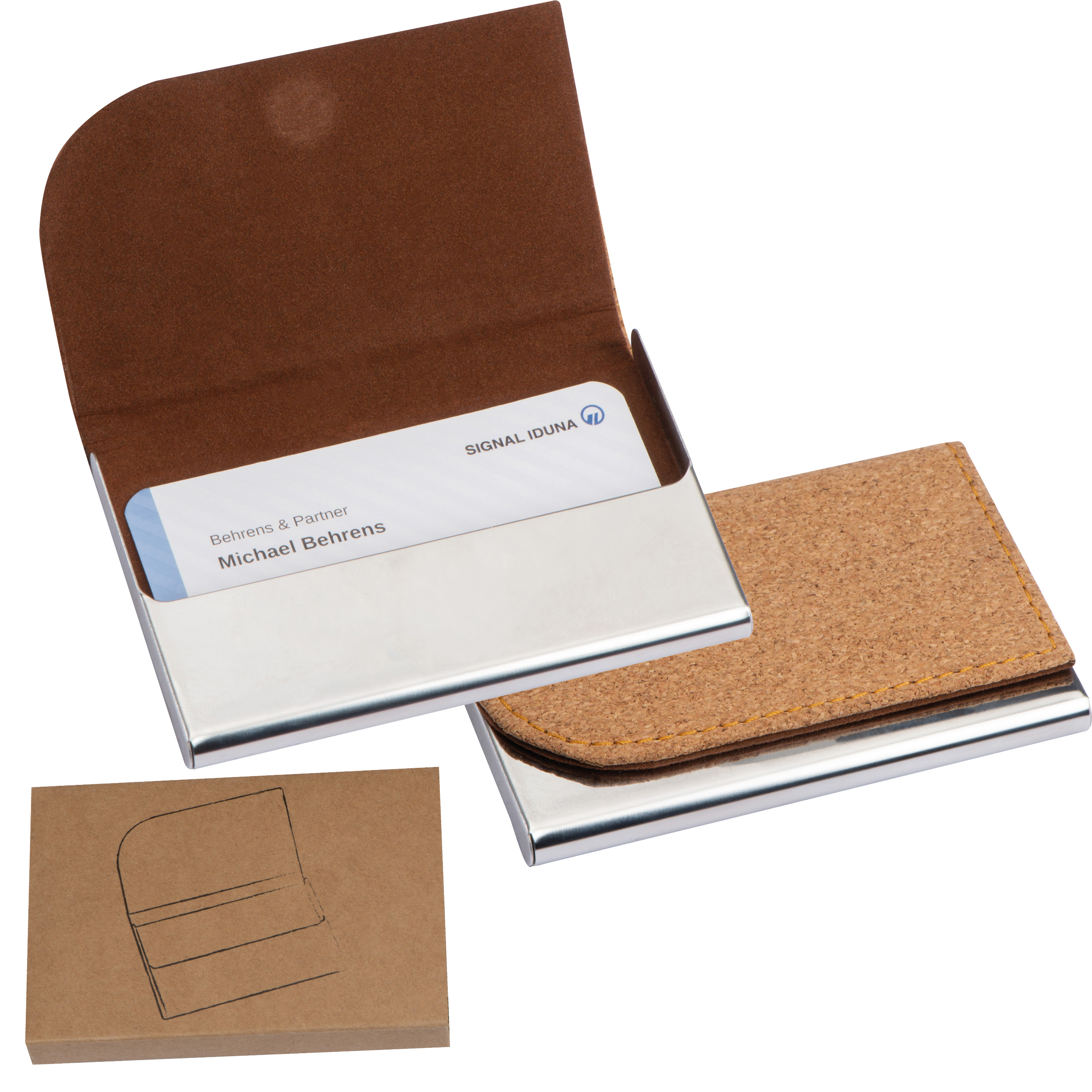 Metal business card holder with cork surface