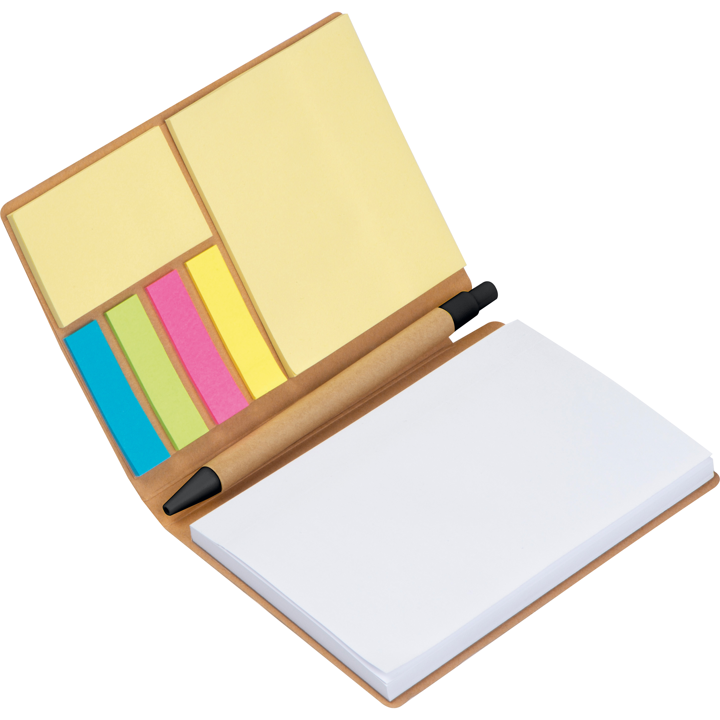 Cuaderno con bolígrafo y notas adhesivas